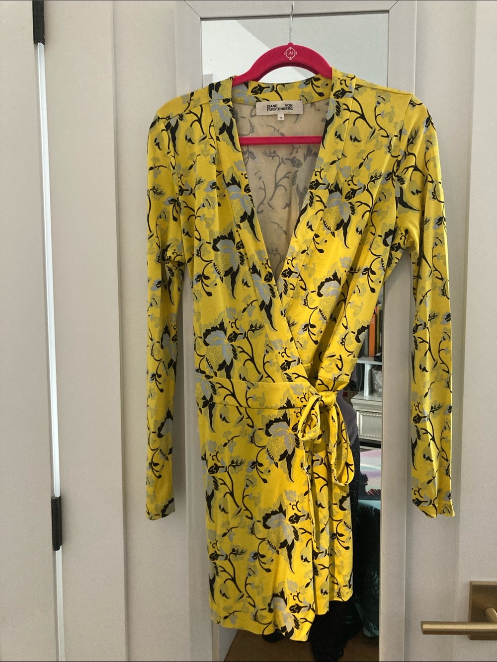 Diane Von Furstenberg Yellow Floral Long-Sleeve Wrap Dress